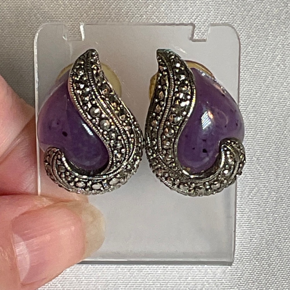 💜 Vintage Sterling Silver Marcasite & Amethyst Earrings – Pierced 💜 - Picture 5 of 5